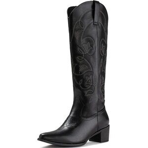 Women's Black 1 Pointy Toe Faux Leather Western Cowgirl Mid Calf Boots